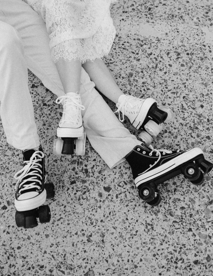 converse rollerskates bride and groom black and white