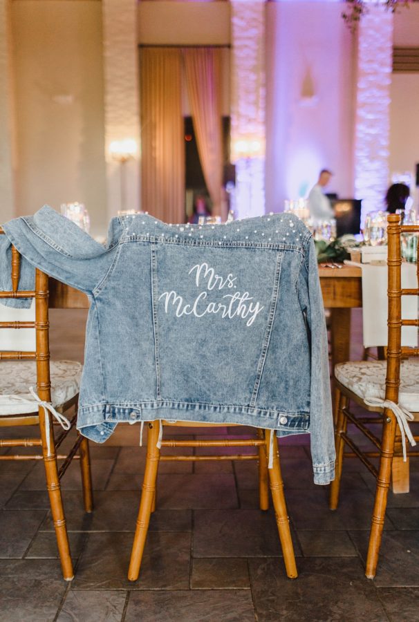 personalized bridal jean jacket pearl details