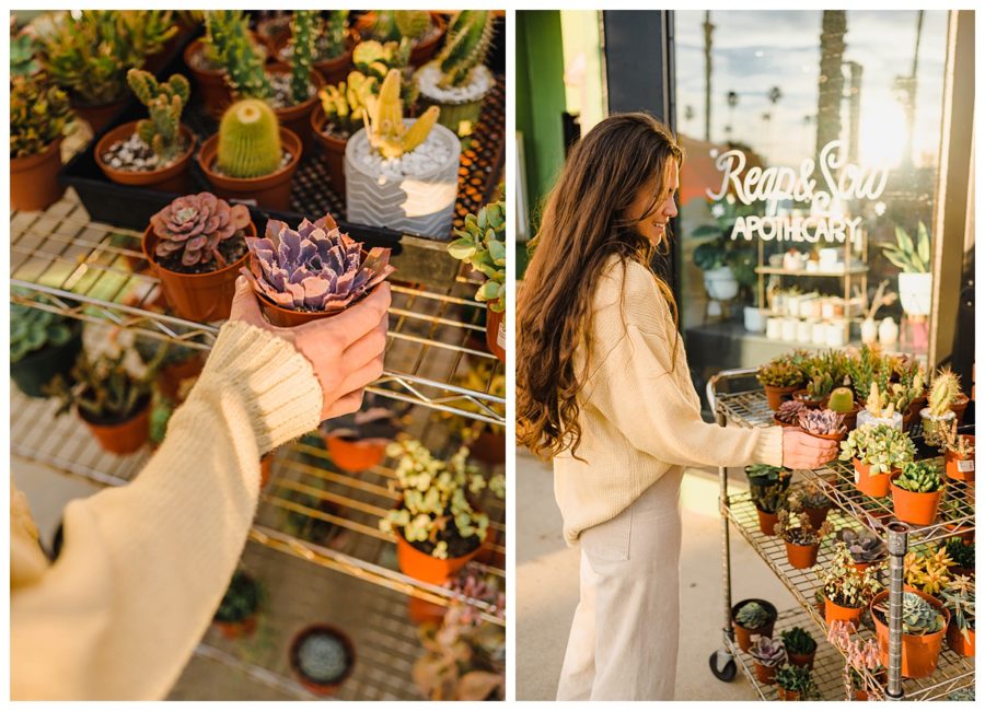 plant shop girl holding succulents neutral