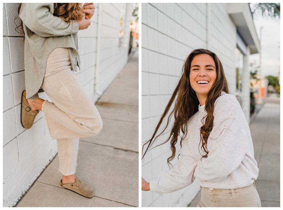 fall thrift fashion shoot neutral outfit girl pose