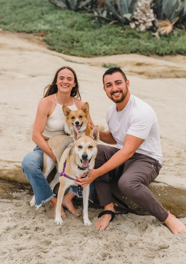 smiling couple engagement dogs