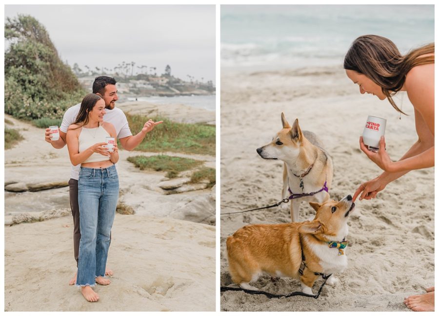 couple engagement session beach dogs