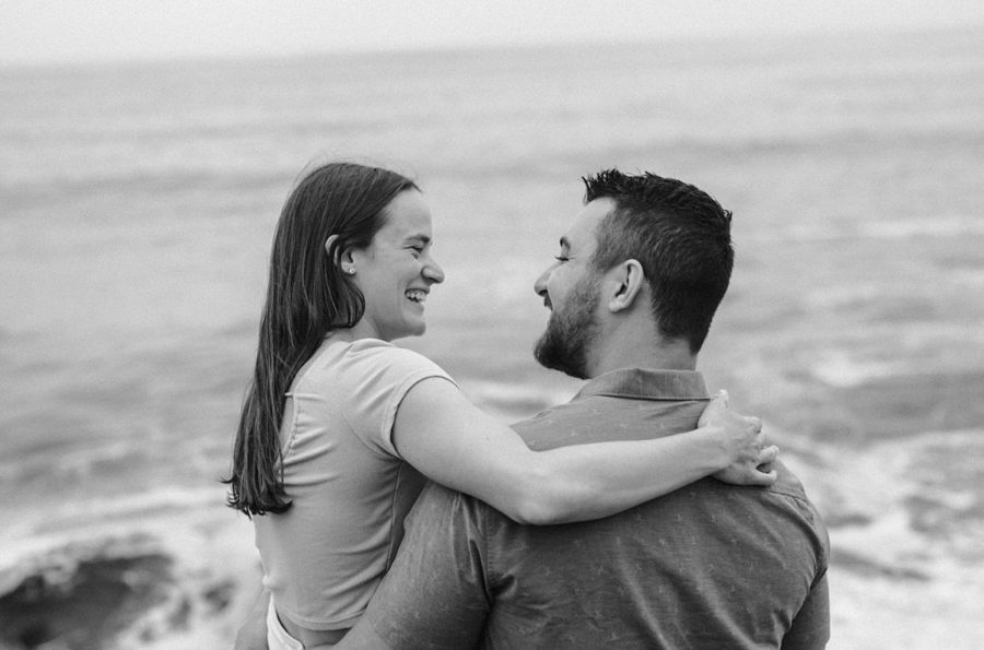 windansea summer engagement session black and white