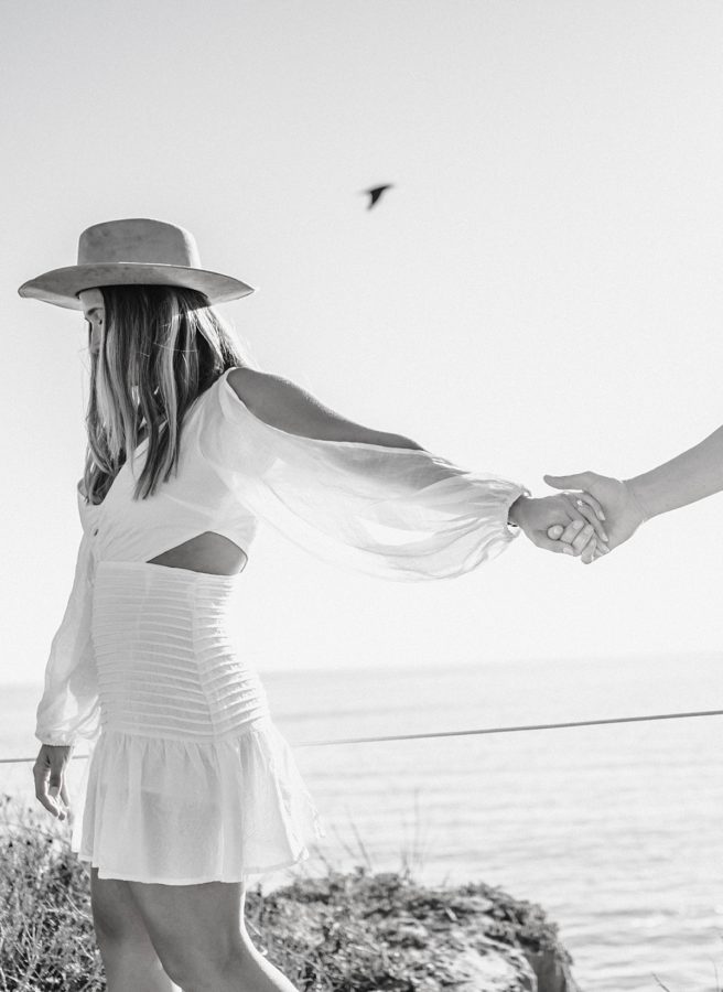 black and white crystal cove state park engagement holding hands