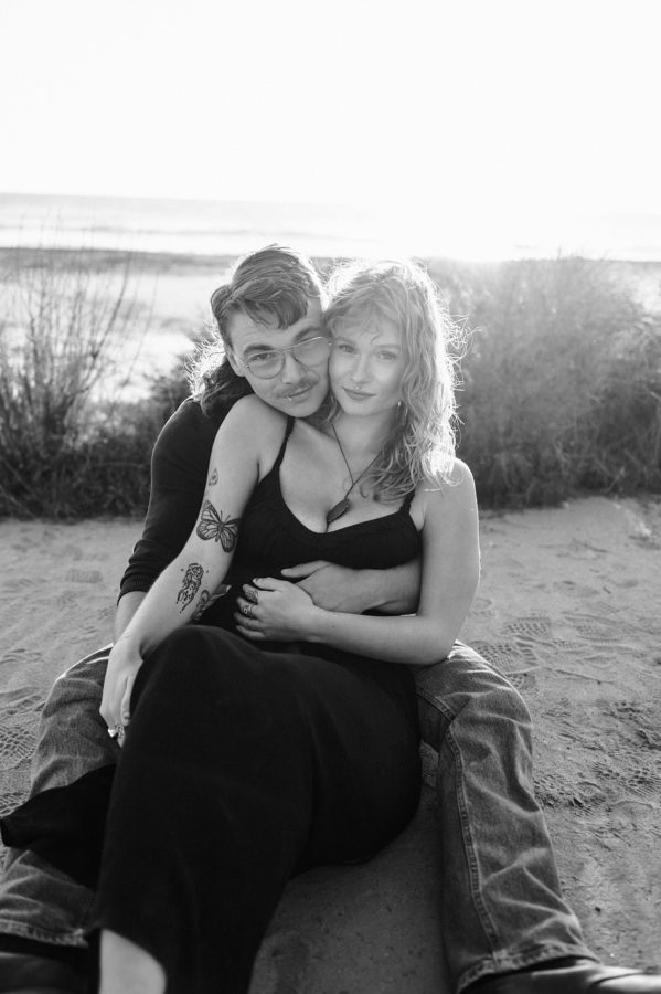 couple california cliffside portrait session black and white