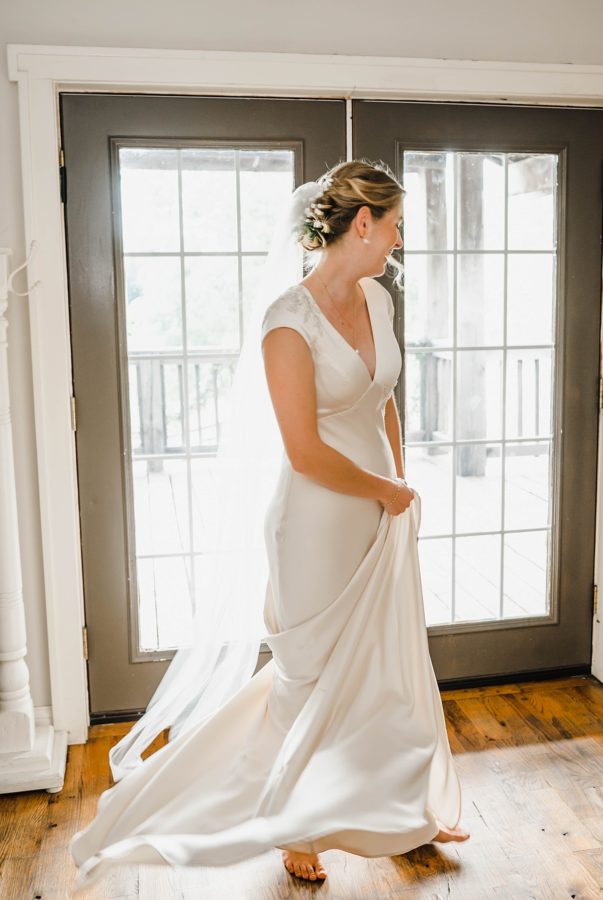 intimate bluemont vineyard wedding white dress smiling bride