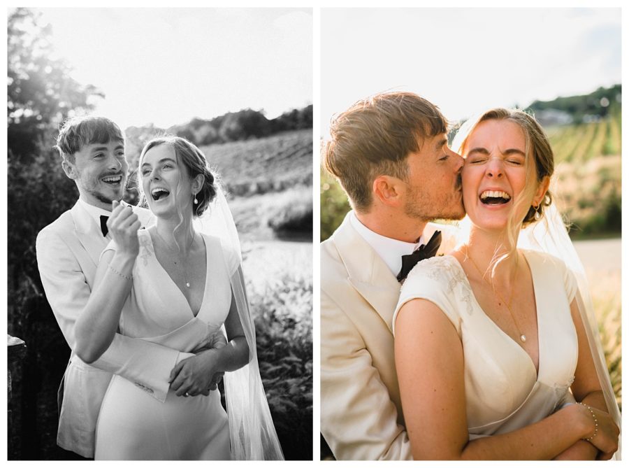 intimate bluemont vineyard wedding black and white bride and groom laughing
