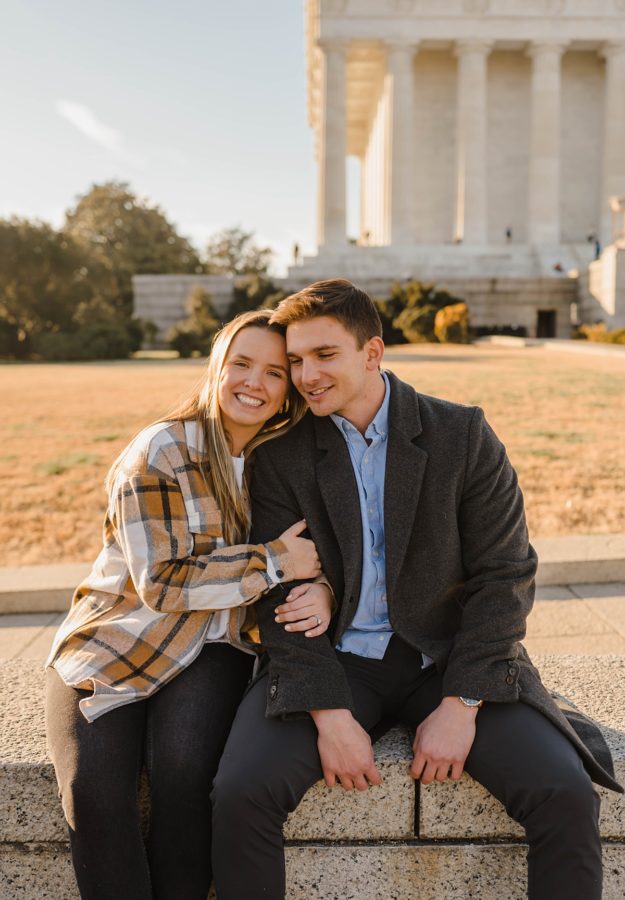 lincoln memorial winter engagement couple smiling