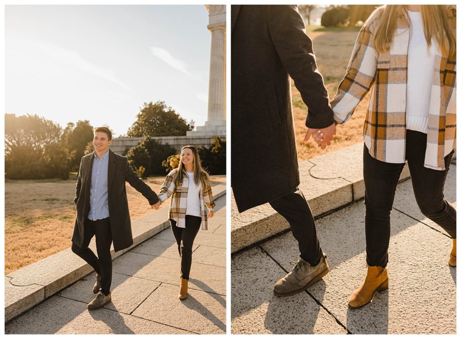 lincoln memorial winter engagement couple holding hands