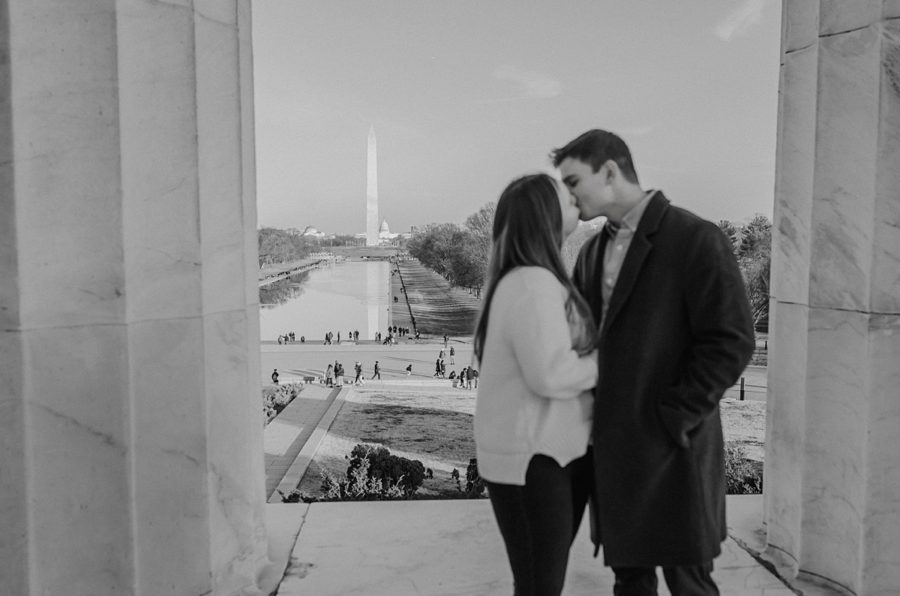 lincoln memorial winter engagement black and white foreground blur