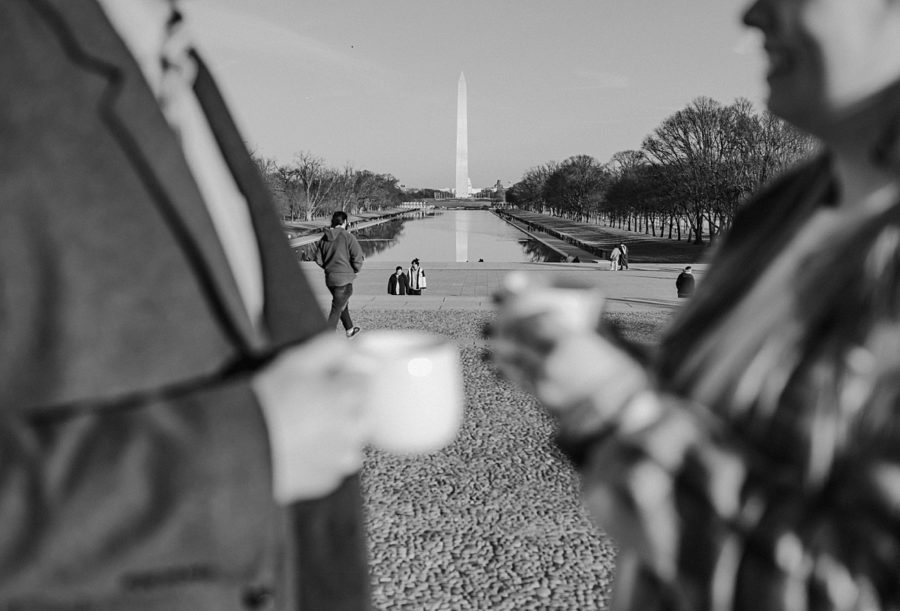 black and white lincoln memorial winter engagement cozy mugs