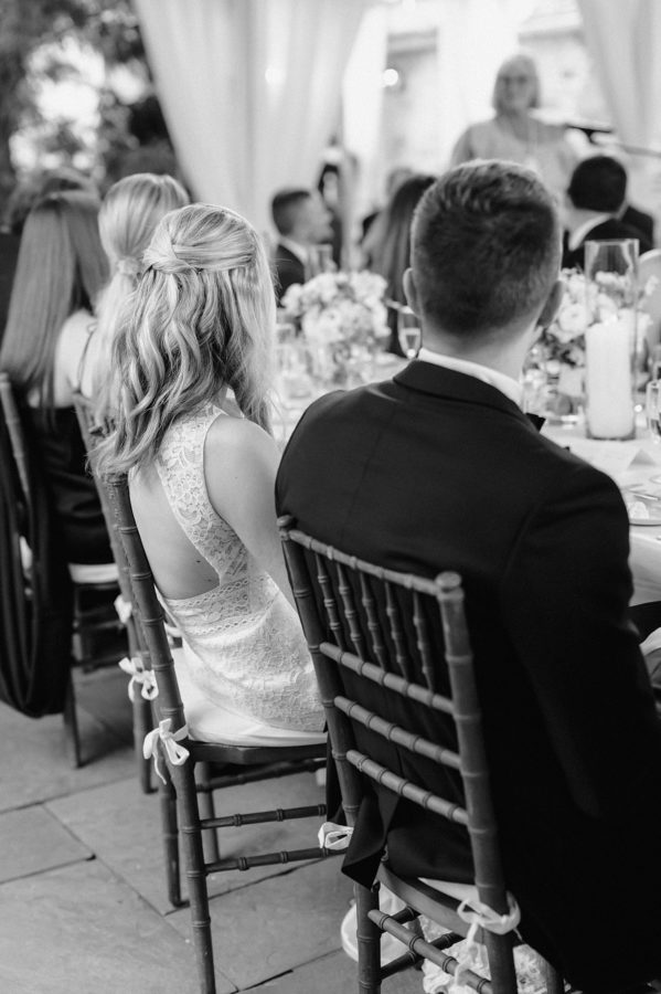 black and white middleburg garden wedding bride and groom seated dinner table